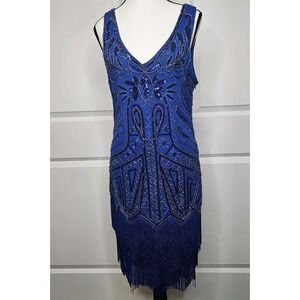 Babeyond Sequin Gatsby Art Deco Dress Size Large Blue Sequin Fringe Beaded